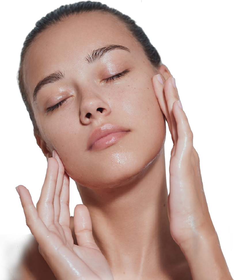 Woman with clear skin touching face